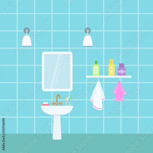 Bathroom sink with mirror and towels on blue background. Home interior concept. Cartoon flat style. Vector illustration