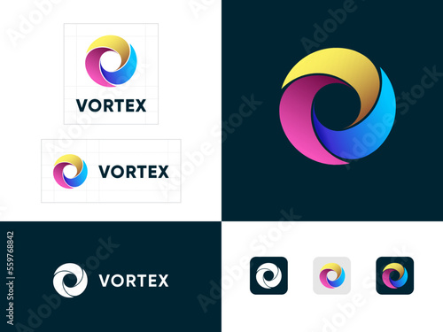 Vortex logo. Color circle consists of three elements. Identity, corporate style.