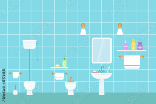 Retro toilet, bidet and sink with toilet accessories. Home interior concept. Cartoon flat style. Vector illustration