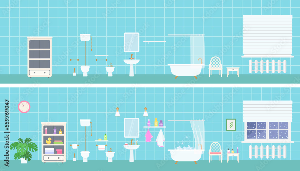 Panoramic bathroom interior with retro clawfoot tub, sink, toilet and bidet and accessories. On blue background. Home interior concept. Cartoon flat style. Vector illustration Panoramic bathroom interior with retro clawfoot tub, sink, toilet and bidet and accessories. On blue background. Home interior concept. Cartoon flat style. Vector illustration
