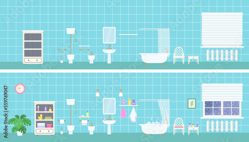 Panoramic bathroom interior with retro clawfoot tub, sink, toilet and bidet and accessories. On blue background. Home interior concept. Cartoon flat style. Vector illustration