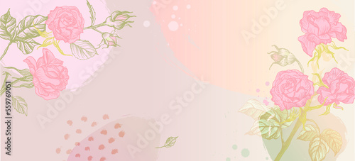 Wallpaper in botanical style, freehand drawing. rose flowers leaves, organic shapes, watercolor. background for banner, poster, web and packaging.