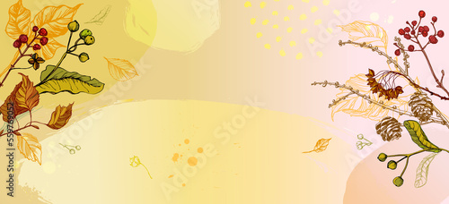 Wallpaper in botanical style, freehand drawing. Autumn leaves and berries, cones, organic shapes, watercolor. background for banner, poster, web and packaging.