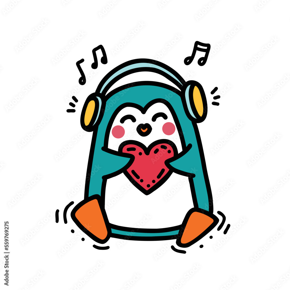 Cute little penguin sits, sings, listens to music on headphones and holds a big red heart in his hands. Funny childish illustration for stickers, greeting cards, baby textiles. Vector doodle art