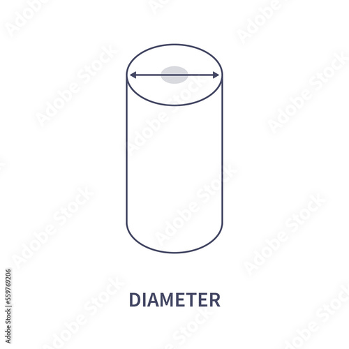 Pipe diameter icon. Distance measurement tool. Twice the radius length. The longest chord of the cylinder circle. Education concept. Vector illustration.