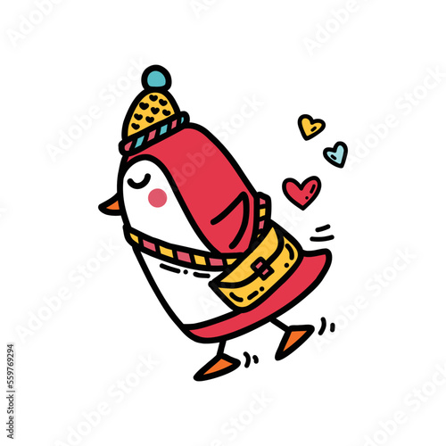 Cute little penguin postman in a winter hat runs with a whole bag of colorful hearts. Funny childish illustration for stickers, greeting cards, baby textiles. Vector art in doodle style