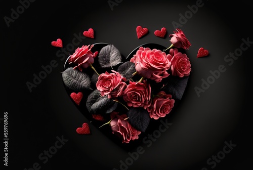 Black floral heart on black background. Valentines Day. Love. Poster St. Valentine's Day. Generate AI. photo