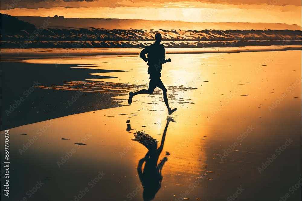 A silhouetted person running on the beach along the water's edge , ai generated