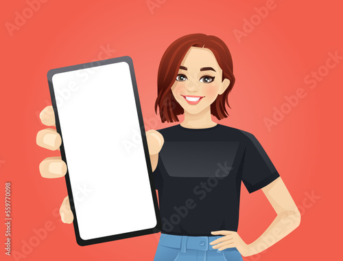 Young beautiful woman showing blank phone screen vector illustration 
