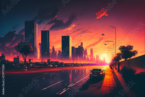 realistic vibrant and colorful sunset over a city skyline, with the buildings and roads lit up in the warm glow - Midjourney