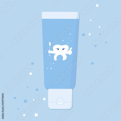 Toothpaste in blue tube with a cartoon cute tooth.