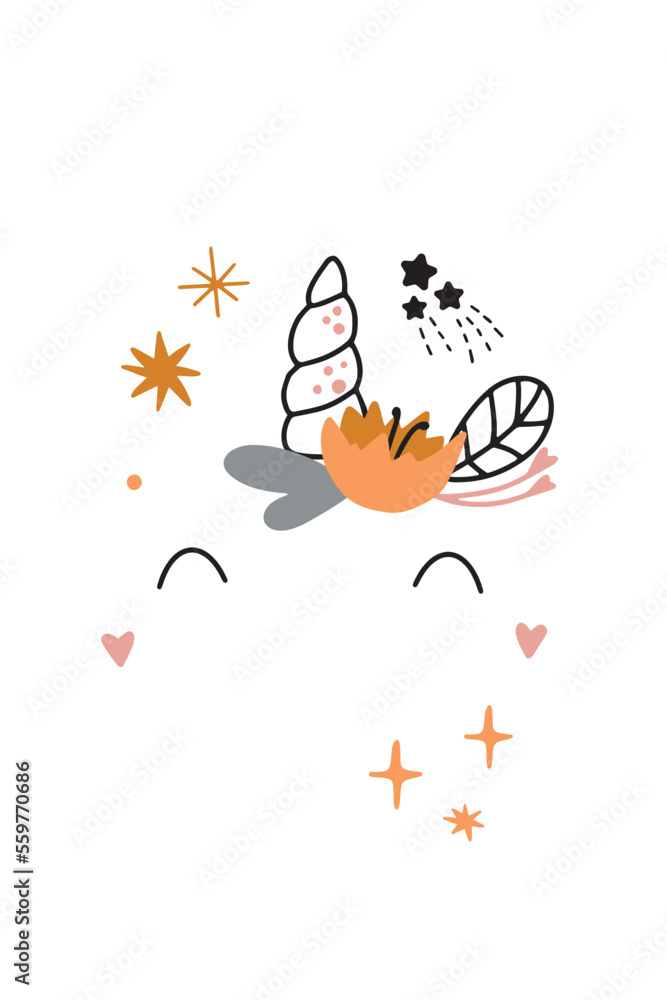 Fototapeta premium Cute magical unicorn. Vector hand drawn illustration. Beautiful fantasy cartoon animal. Great for kids party, greeting cards, invitations, clothing print