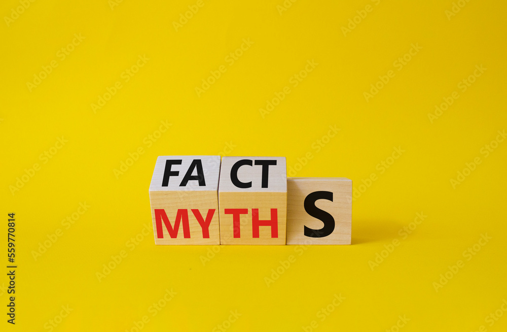 Facts vs Myths symbol. Wooden cubes with words Myths and Facts