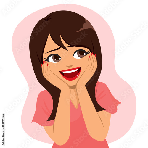 Vector illustration of surprised beautiful woman smiling with open mouth. Portrait of female person with hands on face making funny face expression