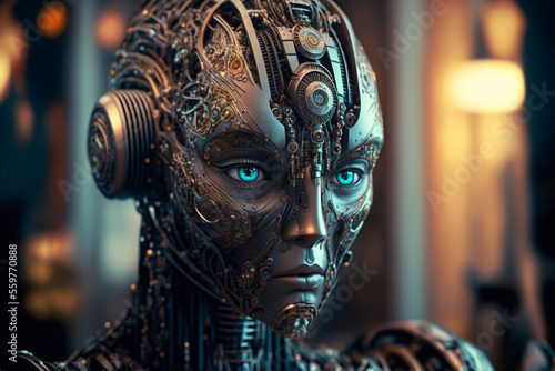 Portrait of a female cyborg robot. Artificial Intelligence concept, generative AI.
