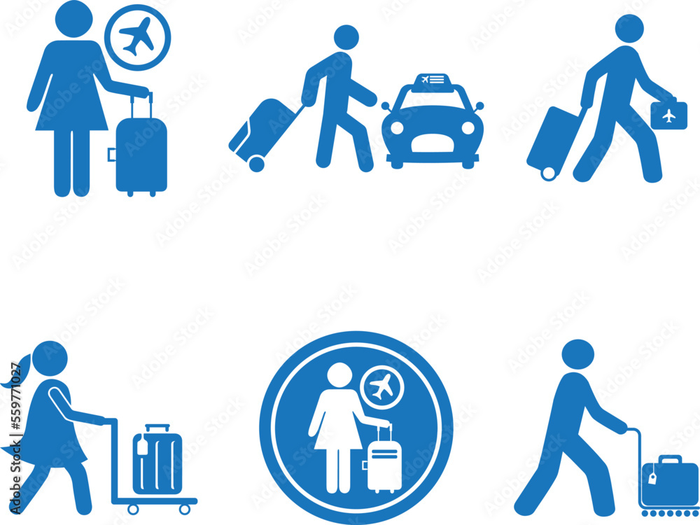 Travel with bag icon set, travel backpack icon set blue vector Travel with bag icon set, travel backpack icon set blue vector