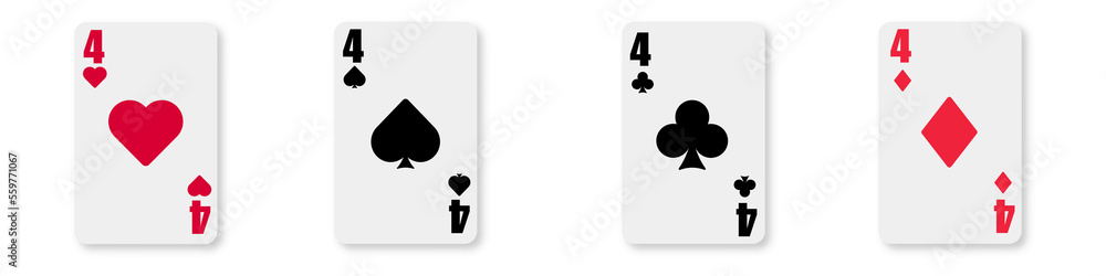 Four. Playing cards icon on white background. Club, diamond, heart, spade illustration. Four. Playing cards icon on white background. Club, diamond, heart, spade illustration.