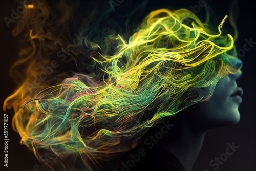 Abstract illustration, background image. Multicolored liquid, smoke, splashes, abstract grass, 