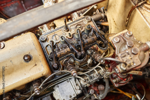 Close up background image of metal boat engine with oil stains, copy space