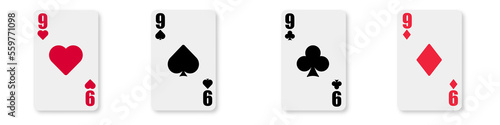 Nine. Playing cards icon on white background. Club, diamond, heart, spade illustration. 