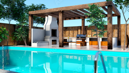 Fotografie 3D Rendering Outdoor Kitchen