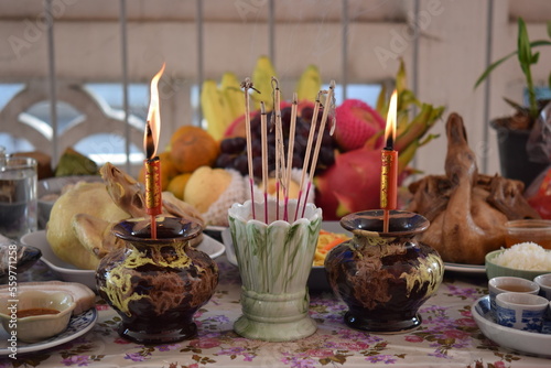Chicken and components on Chinese new year for sacrificial offering Chinese culture.