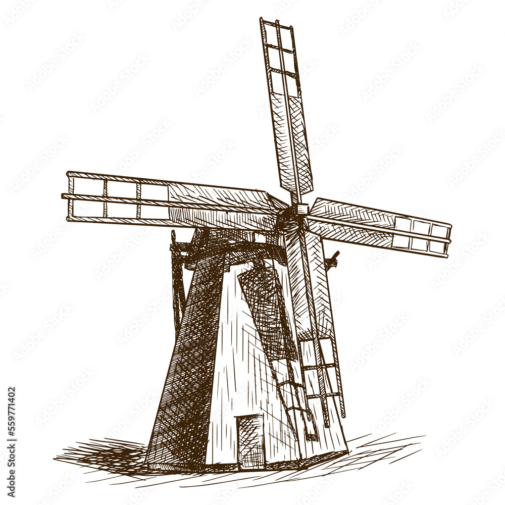 Windmill hand drawn sketch PNG illustration with transparent background - obrazy, fototapety, plakaty 