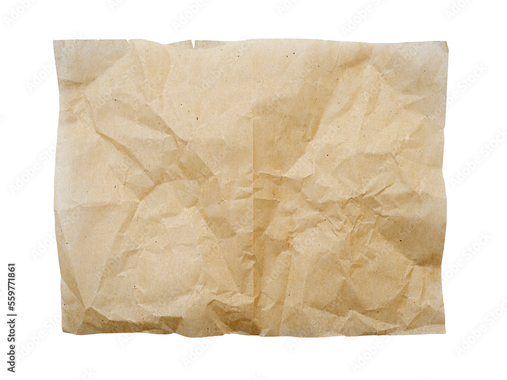 Square piece of crumpled folded parchment paper isolated on white, clipping path Square piece of crumpled folded parchment paper isolated on white, clipping path