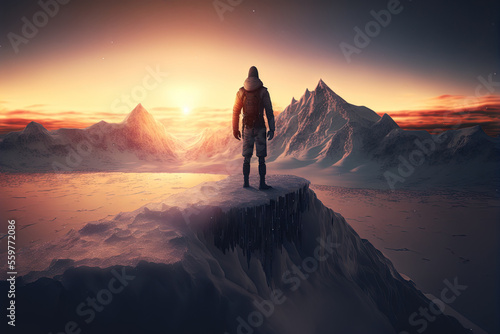 Man standing top of mountain on sunset sky background. Travel vacation and freedom concept. Generative AI