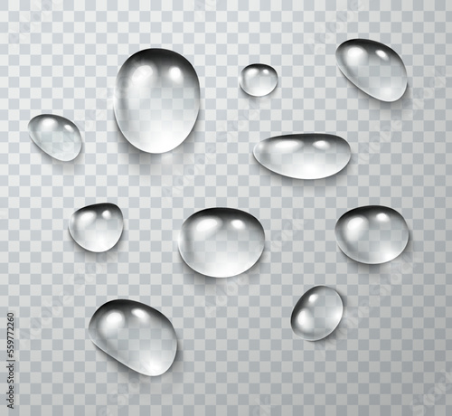 Water rain drop set isolated on transparent background. Realistic condense droplets collection. Vector clear bubbles, gel elements or dew templates