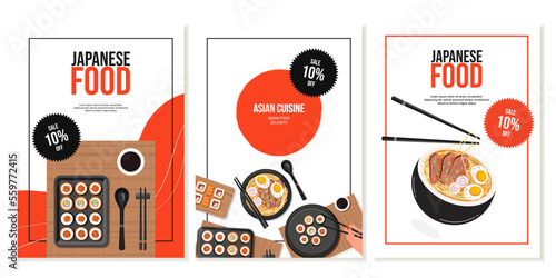 Set of flyer designs with rolls, sushi, ramen soup. Japanese food, healthy food, Asian restaurant, menu. Vector illustration. Banner, promo, advertising.