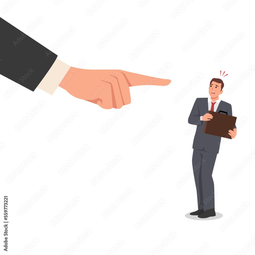 Young businessman being pointed by giant finger. Flat vector illustration isolated on white background Young businessman being pointed by giant finger. Flat vector illustration isolated on white background