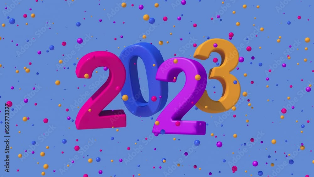 Bright colorful 2023 and particles. Blue background. Abstract animation, 3d render. Bright colorful 2023 and particles. Blue background. Abstract animation, 3d render.