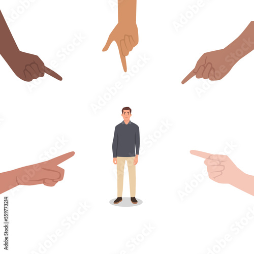 Young man Sad depressed, ashamed man surrounded by hands pointing him out with fingers. Harassment shame victim. Social disapproval blame and accusation concept. Flat vector illustration isolated
