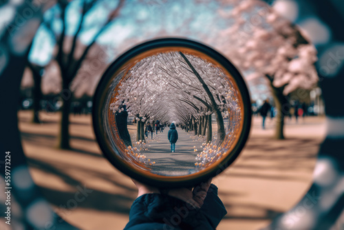 Binocular at Park filled with Japanese Cherry Blossom Trees Generative AI