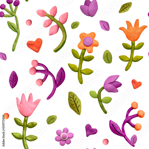 Seamless pattern of various flowers, leaves, herbs and plasticine hearts. Colored plasticine clay 3D illustration on white background, cute dough shape