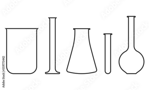Set of laboratory chemical glassware tools. Science laboratory icons, chemistry. Line or outline editable black and white icons isolated on a white background.