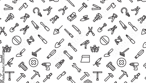 Tool vector seamless pattern.  Hammer, spanner, and saw.