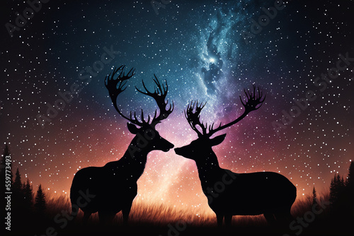 Silhouette of deer under the starry sky