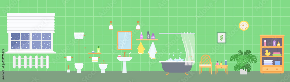 Panoramic bathroom interior with retro clawfoot tub, toilet, bidet and sink on green background. Home interior concept. Cartoon flat style. Vector illustration