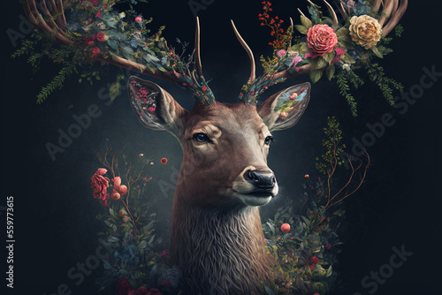 Fotografiet Generative Ai with beautiful deer and antlers with flowers and greenery