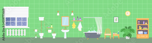 Panoramic bathroom interior with retro clawfoot tub, toilet, bidet and sink on green background. Home interior concept. Cartoon flat style. Vector illustration