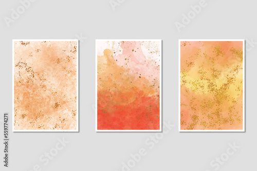 Light watercolor, alcohol ink with gold details background collection. Abstract hand-painted watercolor wet wash splash 5x7 Luxury wedding invitation card and Vip background template collection