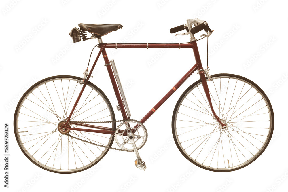 Vintage seventies maroon touring bicycle with one fixed gear isolated on white