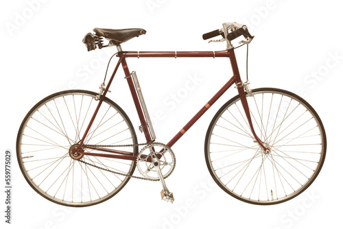 Vintage seventies maroon touring bicycle with one fixed gear isolated on white