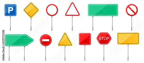 Road signs and Street traffic. Highway warning, priority, prohibitory signs collection. Realistic blank traffic regulatory template. Empty banners mockup. Vector illustration