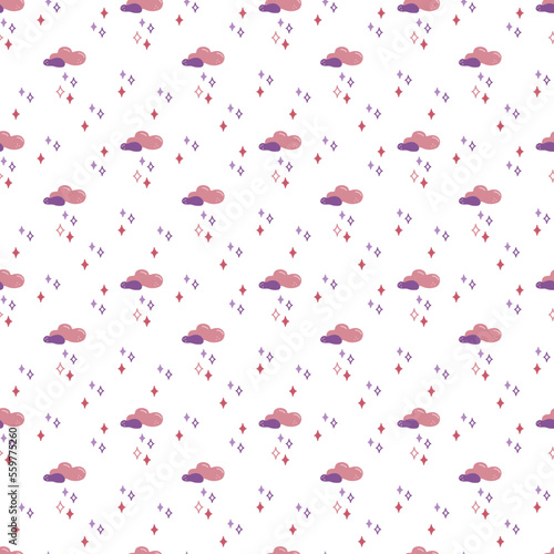 Cloud and stars pattern1. Seamless pattern with cute stars and clouds. Doodle cartoon color vector illustration.