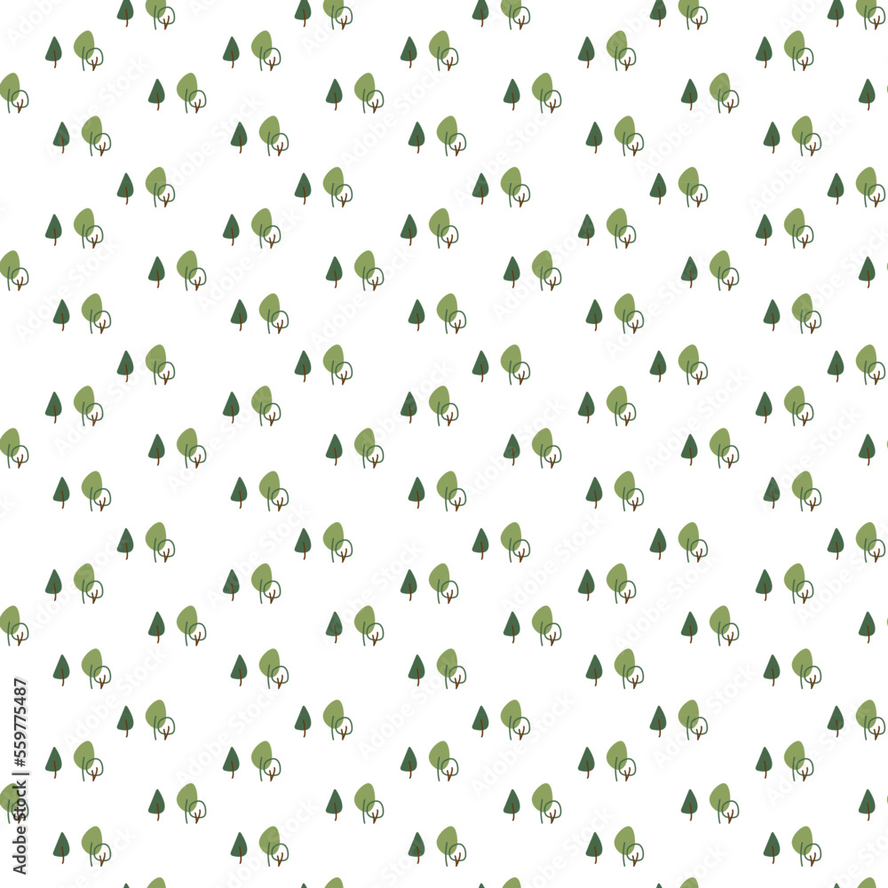 Forest pattern. Seamless pattern with cute trees. Cartoon color vector illustration.