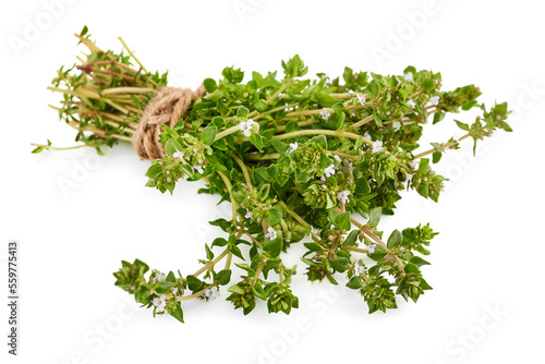 Bundle of aromatic spicy thyme herb with flowers. Spices. Natural organic ingredient cooking food