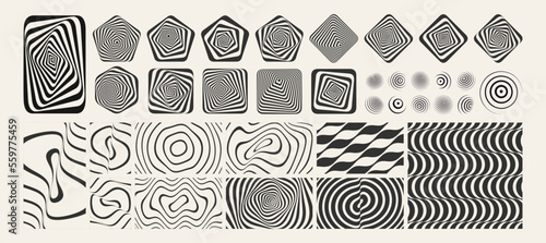 3D geometric striped rounded shape. Sphere. Black and white optical art. Wavy pattern. Abstract background with ripple effect. Wifi sound signal connection or sound radio wave. Vector illustration.
